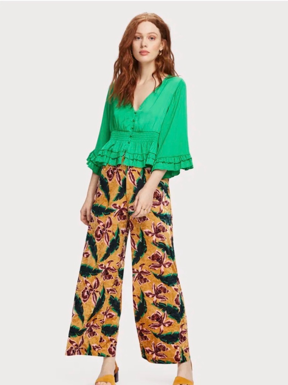 Scotch & Soda Bright Green Peplum Top with Mustard Floral Wide-Leg Pants